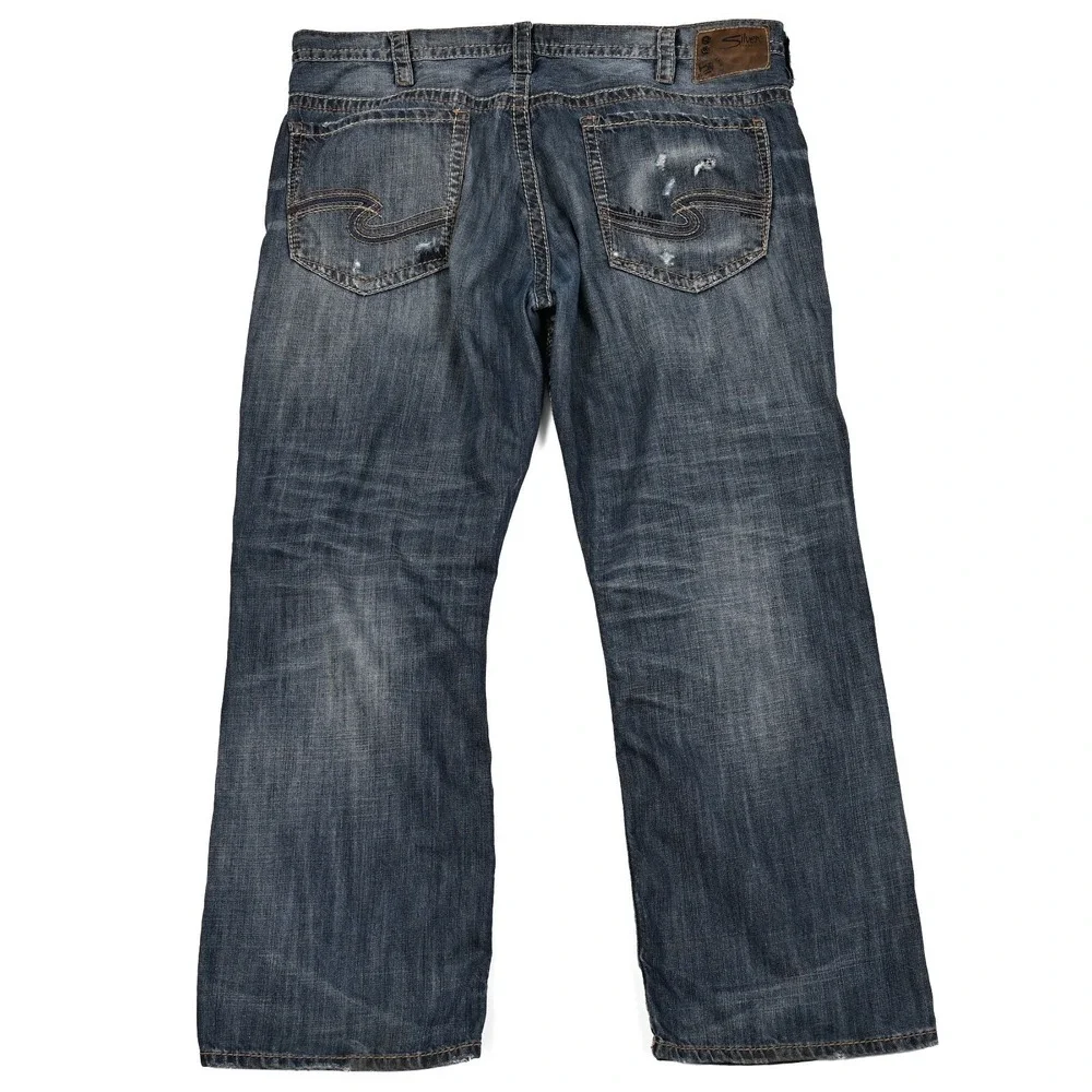 Silver Gordie Loose Relaxed Fit Jeans Mens 40x32 (42x31) Straight Leg Distressed
